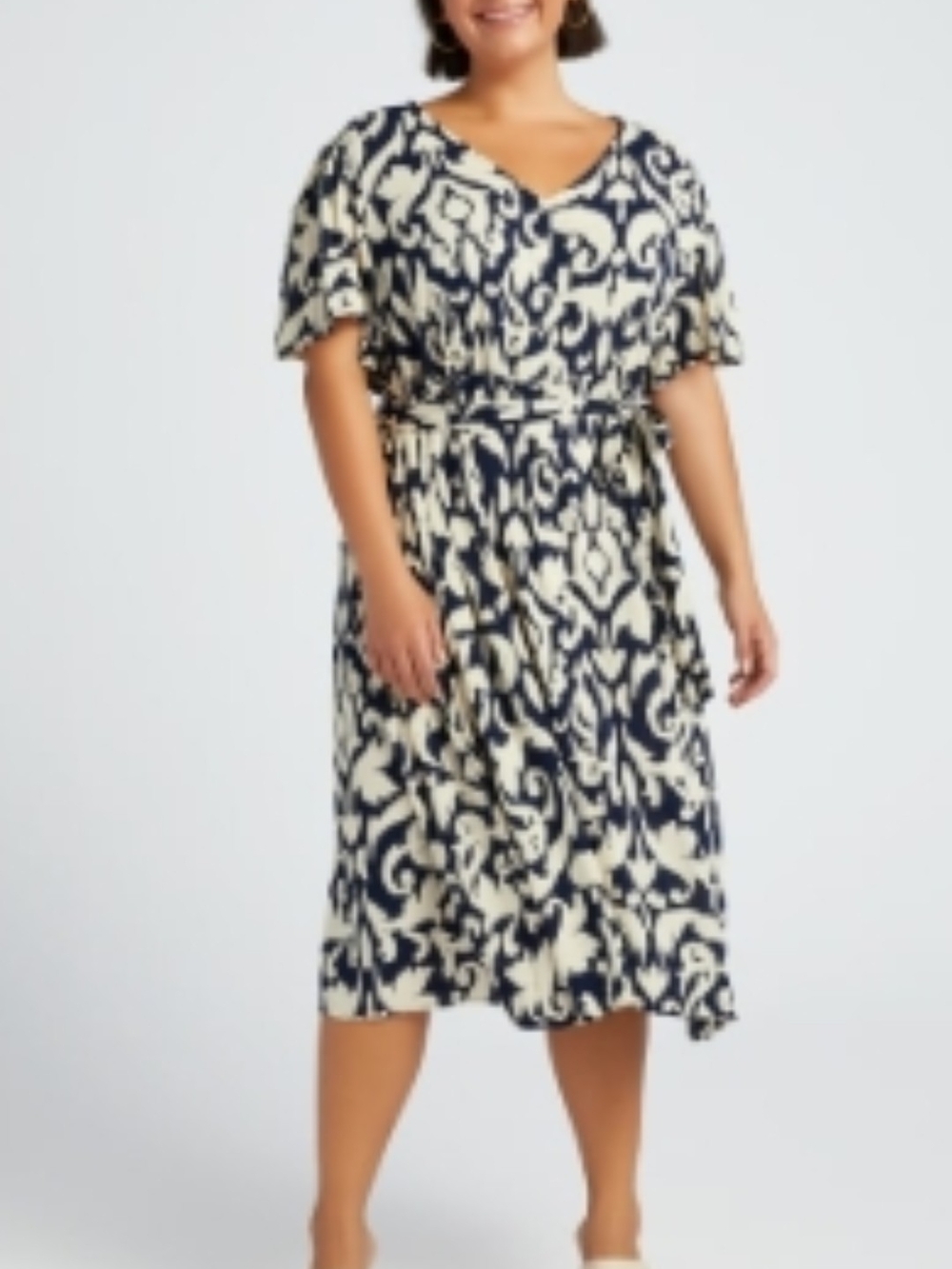 Plus Size Navy and Cream Printed Tie-Waist Midi Dress